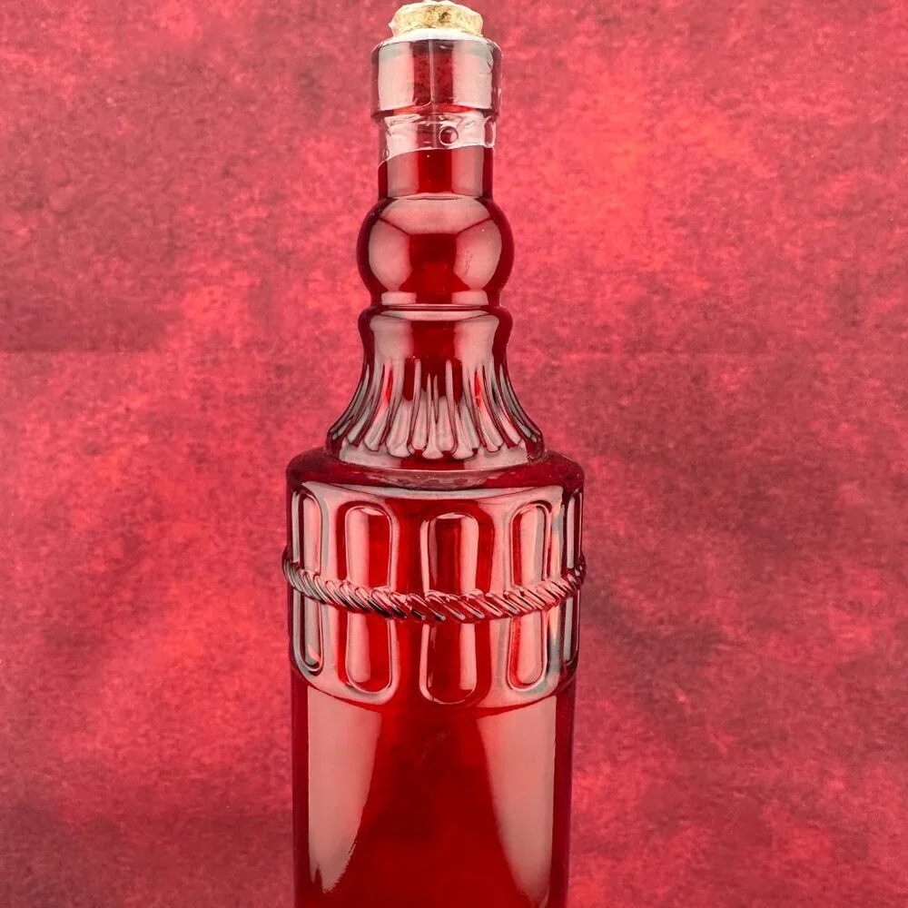 DECORATIVE RED GLASS VINTAGE BOTTLE WITH CORK EMBOSSED ROPE DESIGN 12